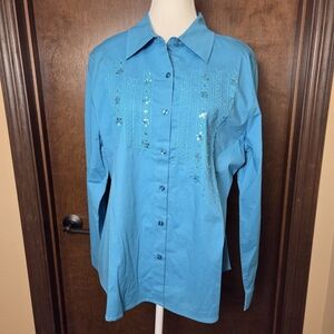 Christopher & Banks Turquoise Embroidered Button-Down Shirt NWT